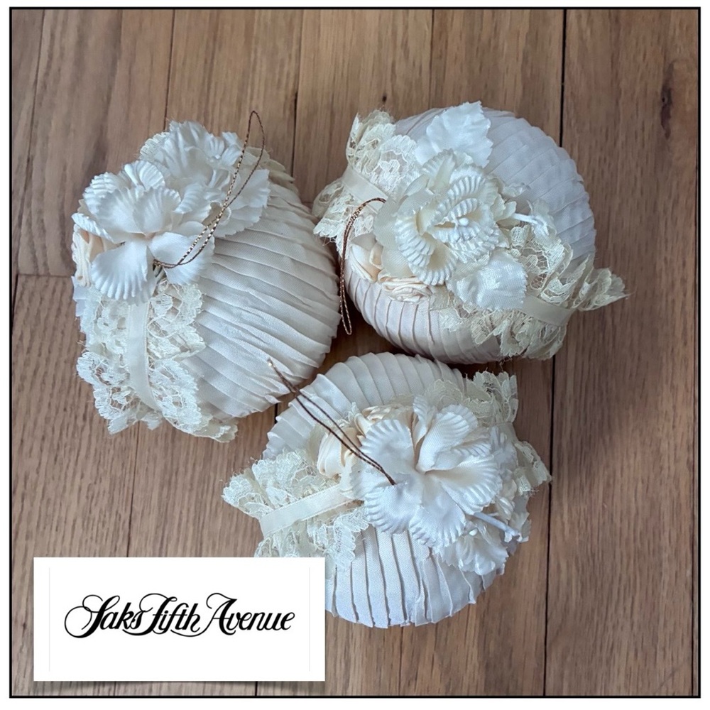 Vintage Ornaments Saks Fifth Avenue, Silk covered. Set of 3.  4 inch. 1980’s